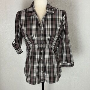 1104 Decibel Plaid Button-Up Women's Top. SzS